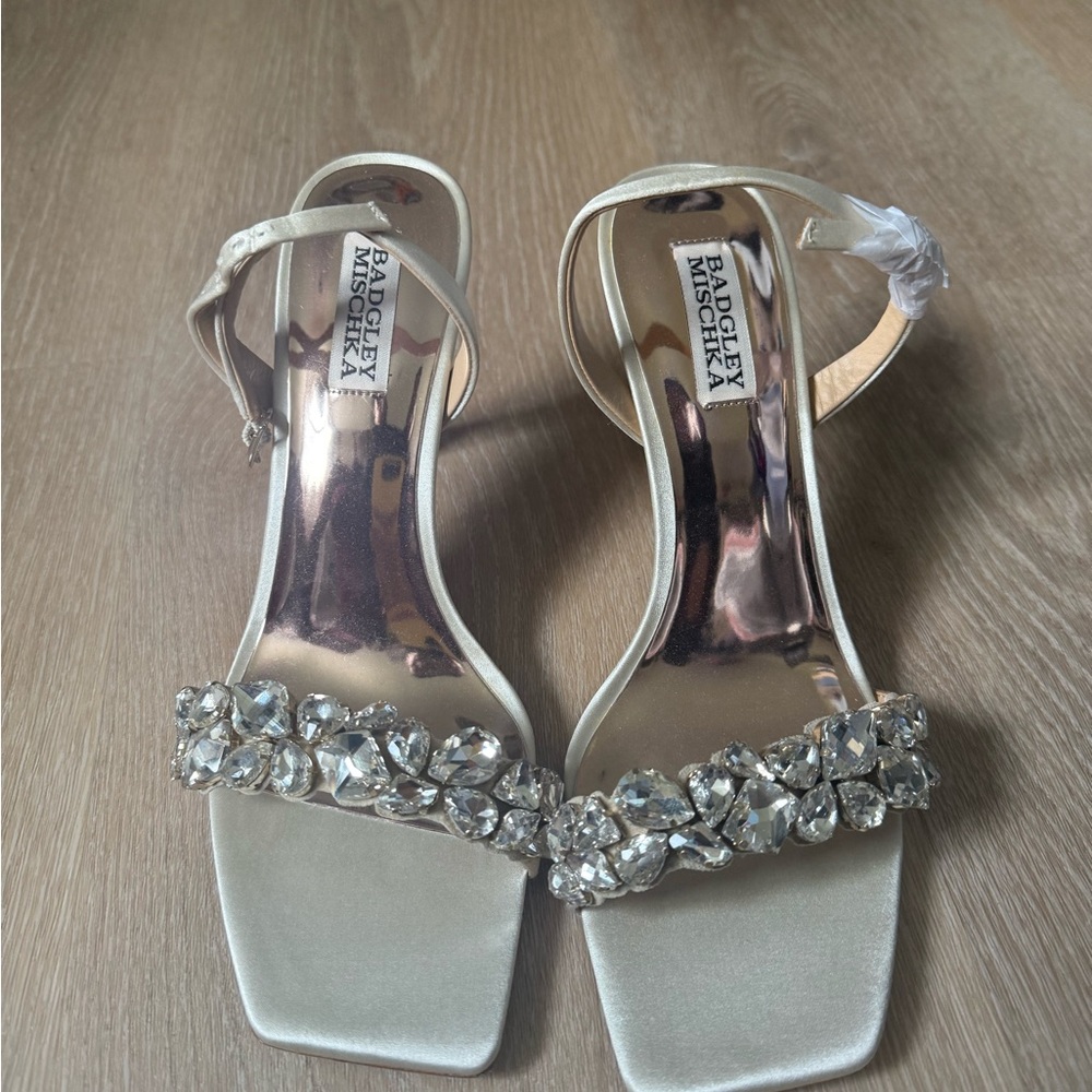 Badgley Mischka Ivory Satin Jeweled Strap Heels